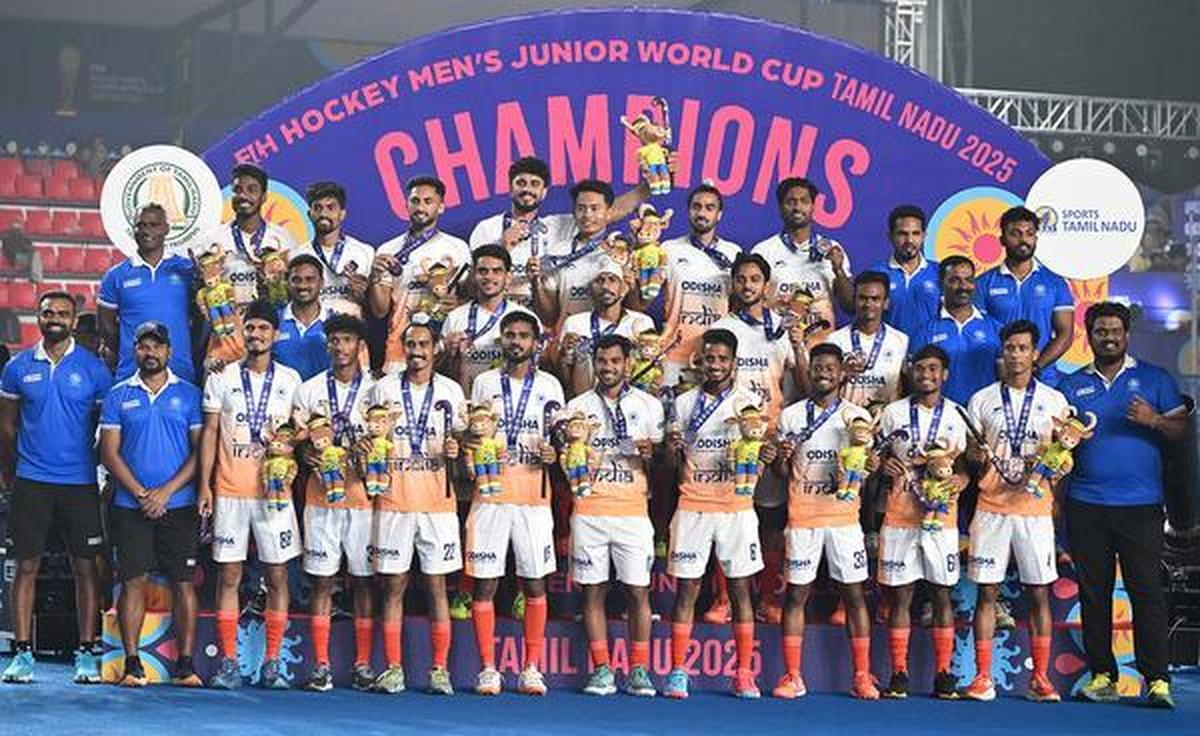 India men's junior hockey team after winning the bronze medal.