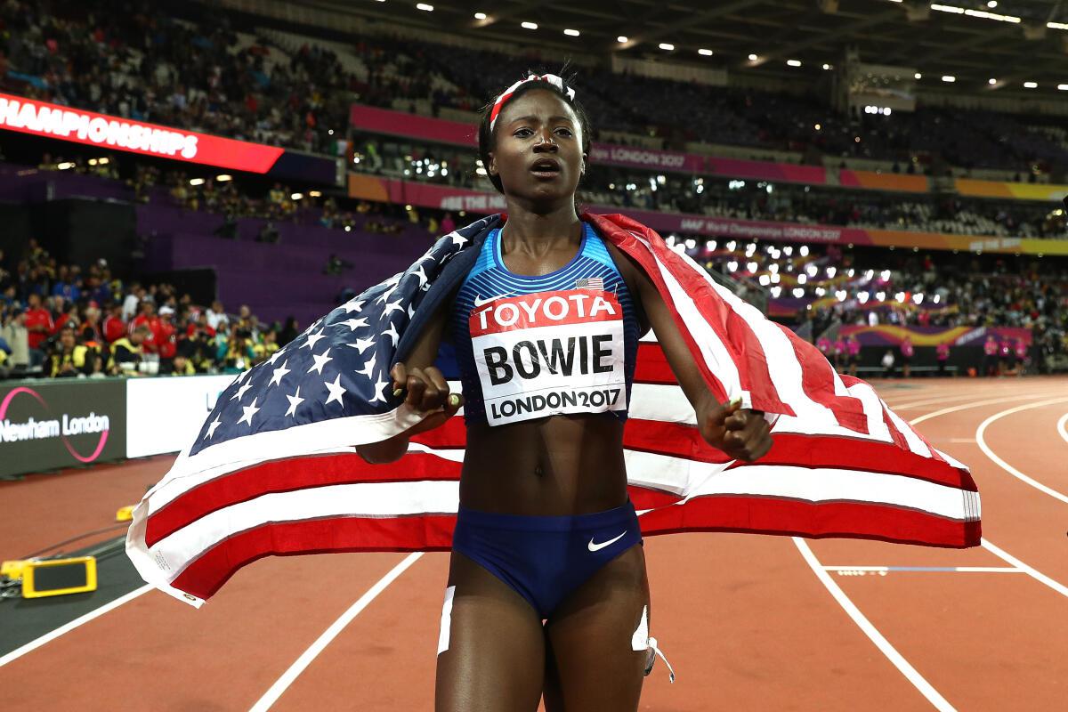  Tori Bowie of the United States celebrates winning gold in the Women’s 100 Metres Final during day three of the 16th IAAF World Athletics Championships London 2017 at The London Stadium on August 6, 2017, in London, United Kingdom. 