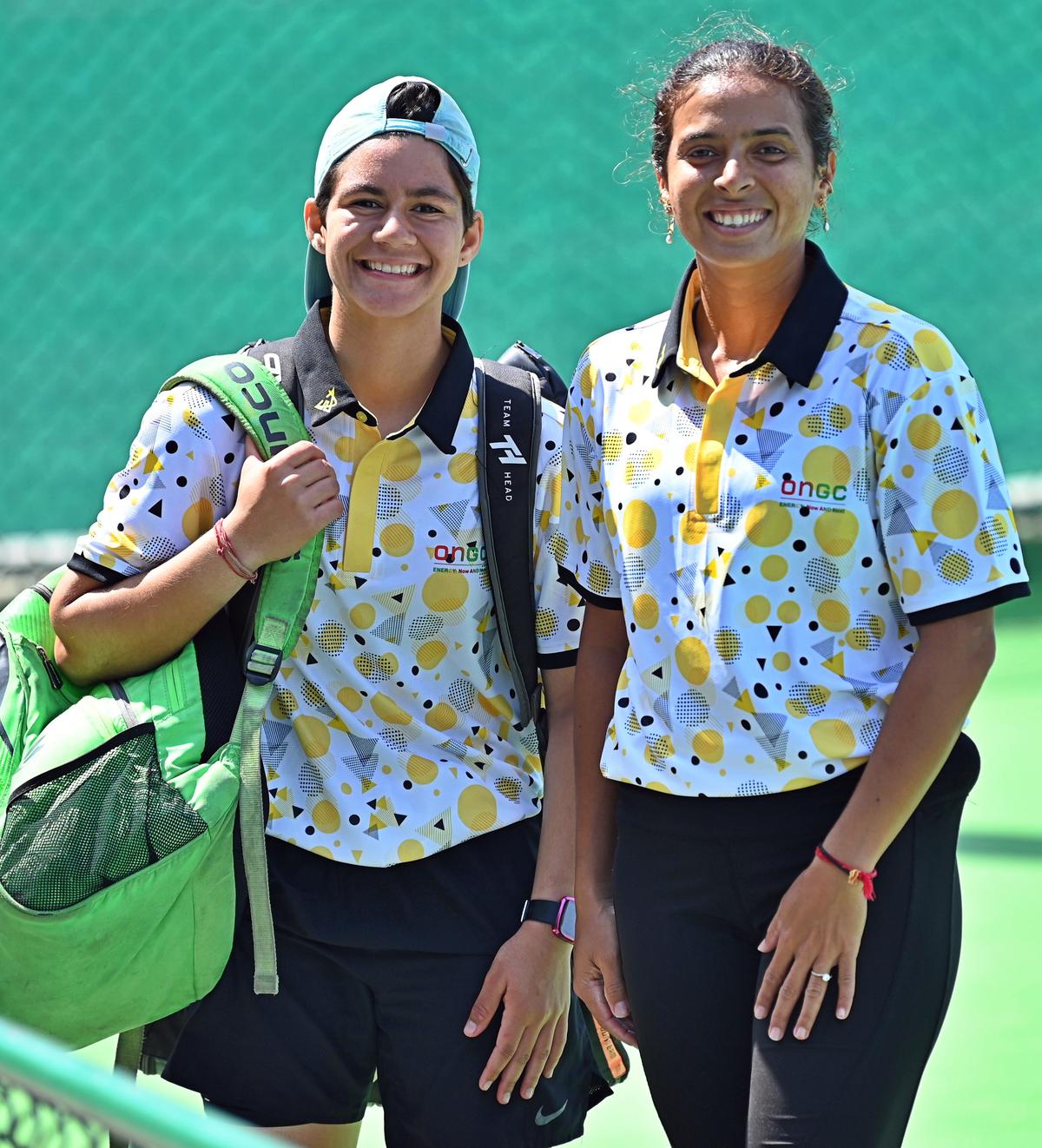 Riya Sachdeva and Ankita Raina in ONGC colours in the PSPB tennis tournament in Delhi on Tuesday.