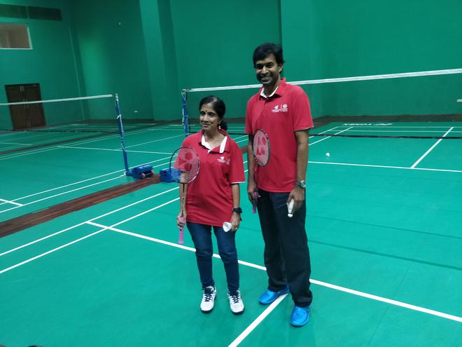 Shanti Ekambaram, Whole-time Director of Kotak Mahindra Bank, and chief national badminton coach P. Gopi Chand after formally launching Kotak Pullela Gopichand Badminton Academy.