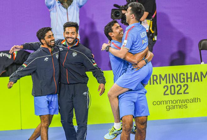 Achanta Kamal, Harmeet Desai, Sanil Shetty and Sathiyan Gnanasekaran celebrate after winning the gold medal in the Table Tennis Men’s Team event on Monday. 