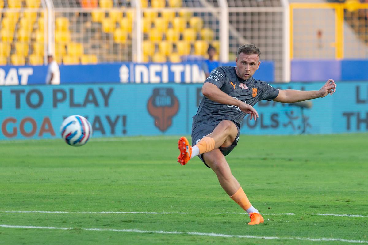 Greg Stewart of Mumbai City FC scores a goal during match 96  of the HERO INDIAN SUPER LEAGUE 2022 played between FC Goa and Mumbai City FC. 