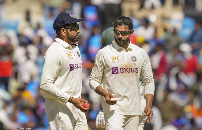 Nagpur: Indian captain Rohit Sharma with teammate Ravindra Jadeja during the 3rd day of the 1st test cricket match between India and Australia, at Vidarbha Cricket Association Stadium in Nagpur, Saturday, Feb. 11, 2023. (PTI Photo/Vijay Verma)(PTI02_11_2023_000084A)