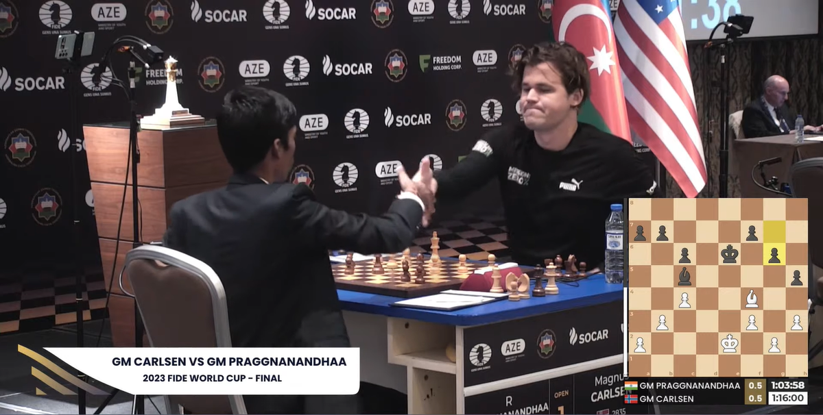 Chess World Cup 2023 Final Highlights, Praggnanandhaa vs Carlsen:  Praggnanandhaa-Carlsen settle for draw in Game 1 : In his second World Cup,  the 18-year-old stunned two of the top three ranked masters