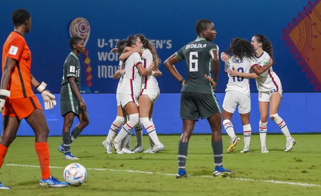 Navi Mumbai: USA women football players celebrate a goal during the FIFA U-17 Women’s World Cup quarter final football match against Nigeria.