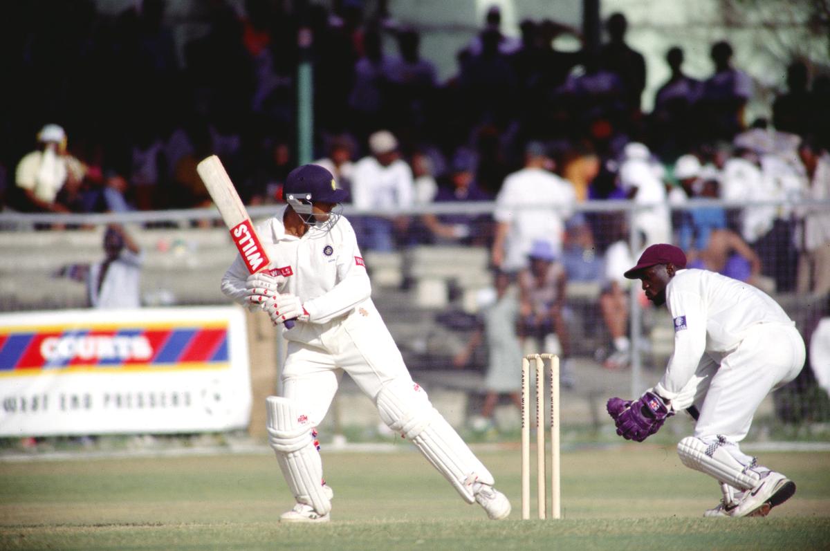 Dravid in action against West Indies in the third Test at Kensington Oval in Bridgetown.