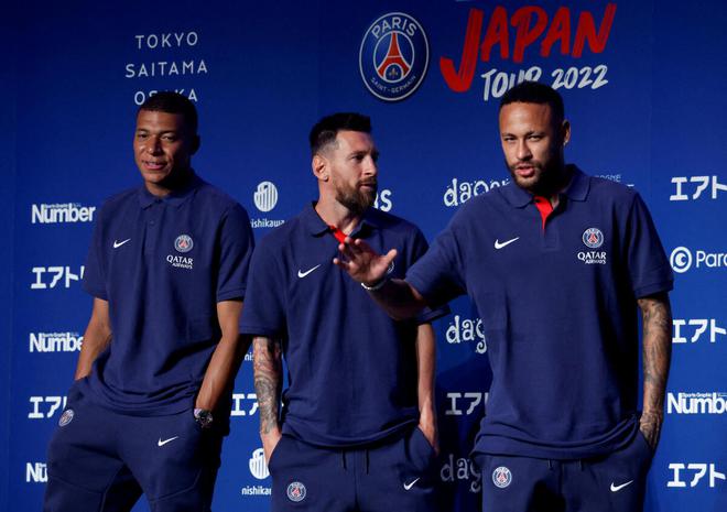 (From L-R): Paris Saint-Germain’s (PSG) Kylian Mbappe, Lionel Messi and Neymar. 