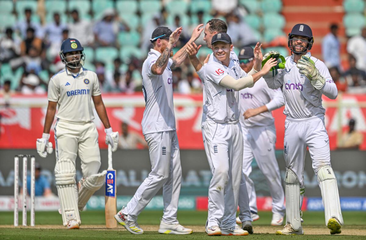 England‘s Tom Hartley celebrates after taking the wicket of India‘s Shreyas Iyer. 