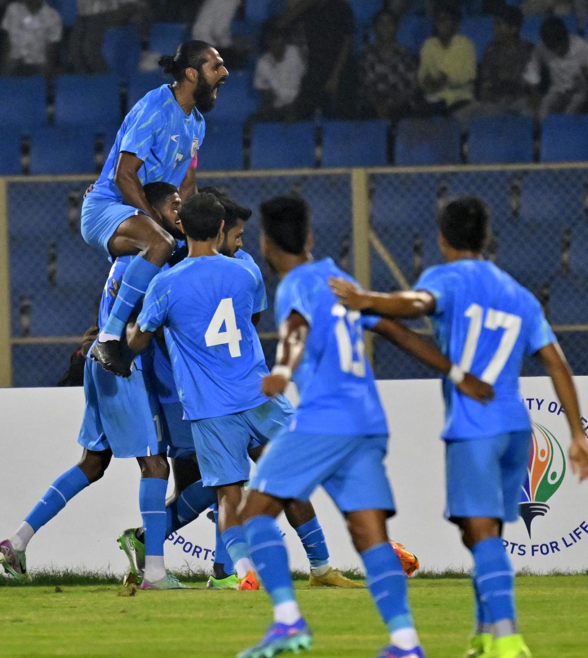 Finishing off on a high: India players celebrate their last goal of 2024, an equaliser against Malaysia at the GMC Balayogi Athletic Stadium in Hyderabad.