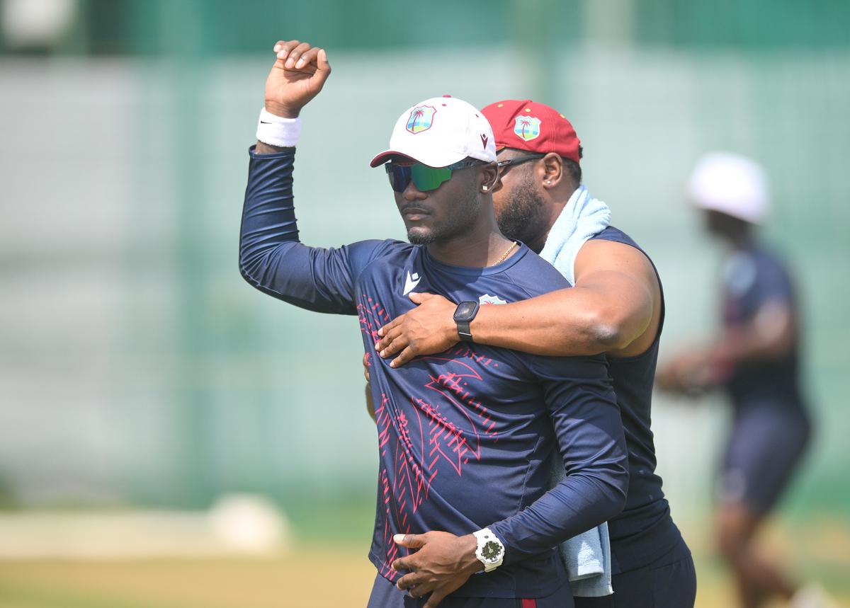 West Indies Jayden Seales during the net practice session ahead of the 1st Test Cricket Match between India and West Indies. 