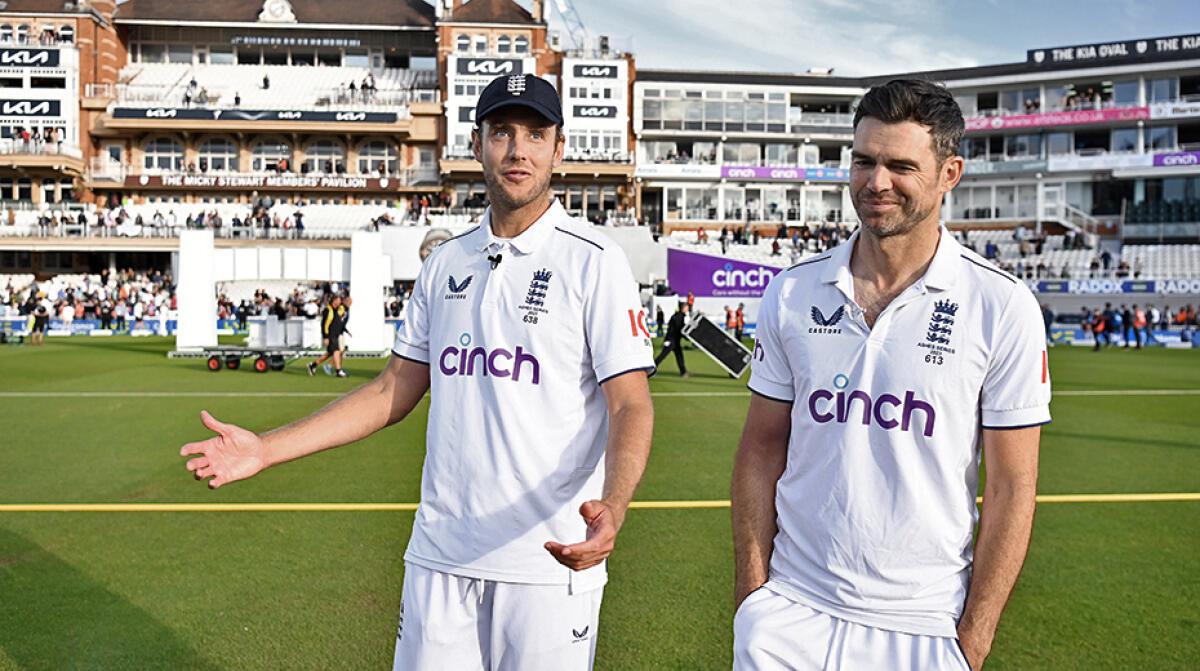  Stuart Broad and James Anderson of England interact following Day Five of the LV= Insurance Ashes 5th Test Match between England and Australia at The Kia Oval on July 31, 2023, in London, England.