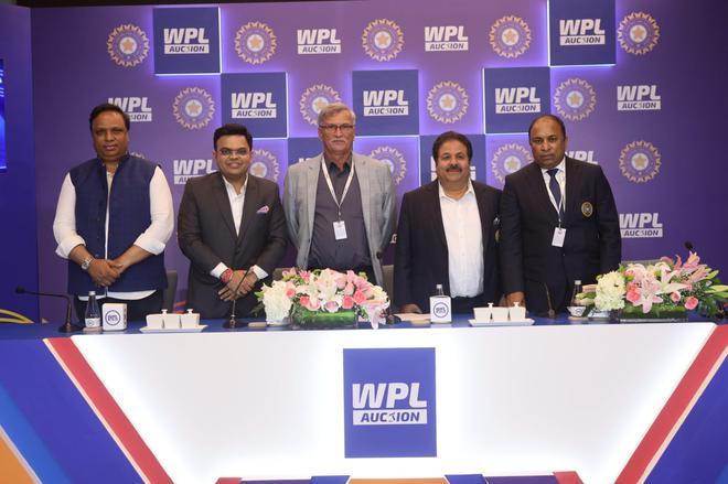 From left to right:- BCCI treasurer Ashish Shelar, Secretary Jay Shah, President Roger Binny, Vice President Rajeev Shukla and Joint Secretary Devojit Saikia at the WPL 2023 auction.