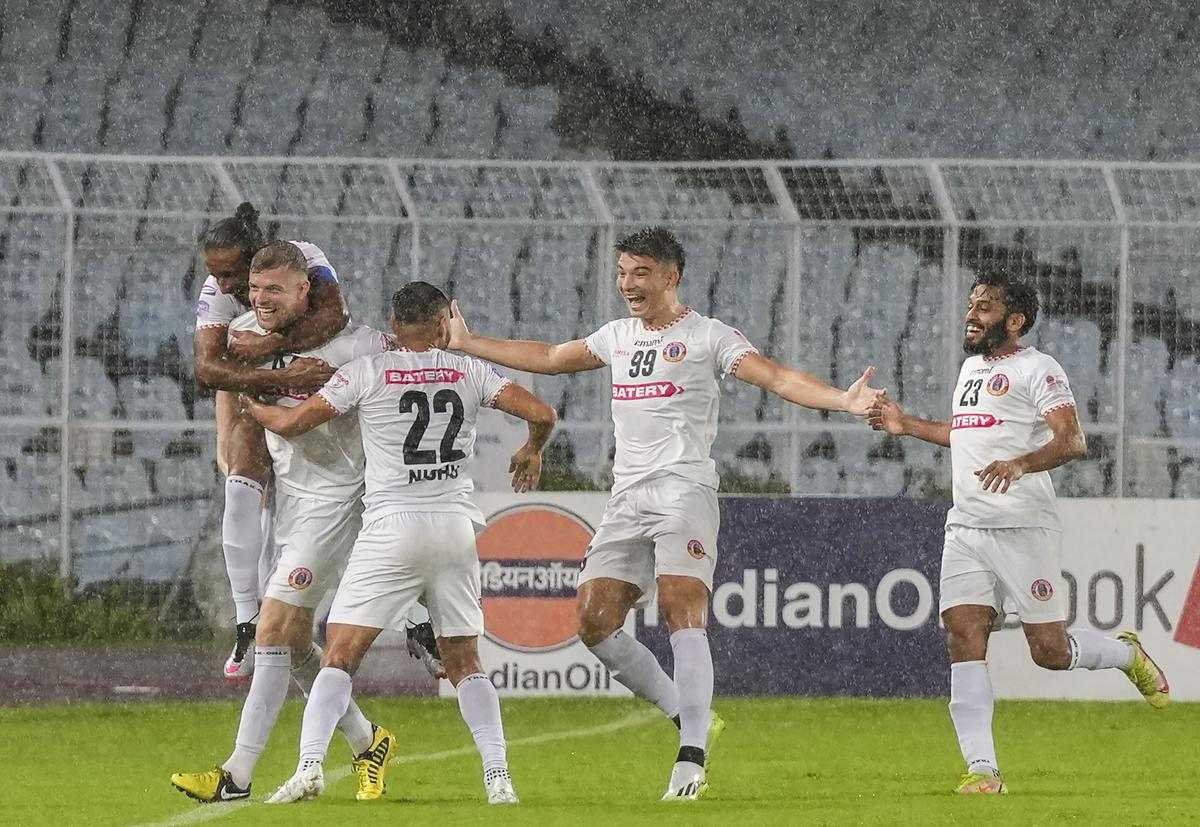 Jordan Rhys Elsey (44) of East Bengal FC celebrates with teammates after scoring a goal against Gokulam Kerala FC during a Durand Cup 2023 quarter final match, at Vivekananda Yuba Bharati Krirangan, in Kolkata.