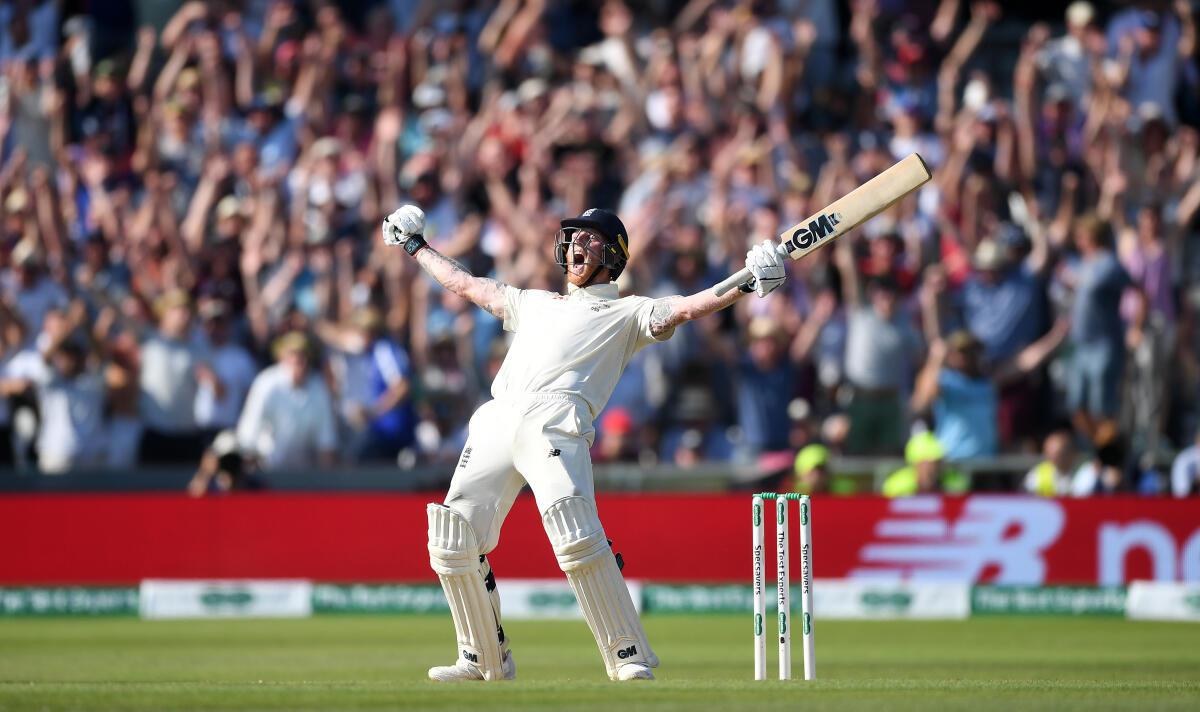Ben Stokes of England celebrates hitting the winning runs against Australia in Headingley in 2019.