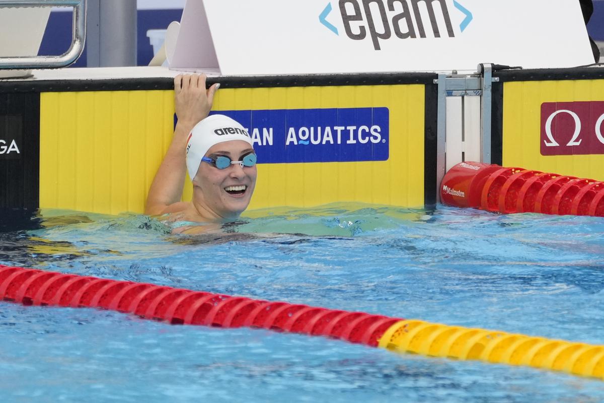 Poland’s Dominika Sztandera reacts after winning women’s 50m breaststroke at the European Aquatics Championships.