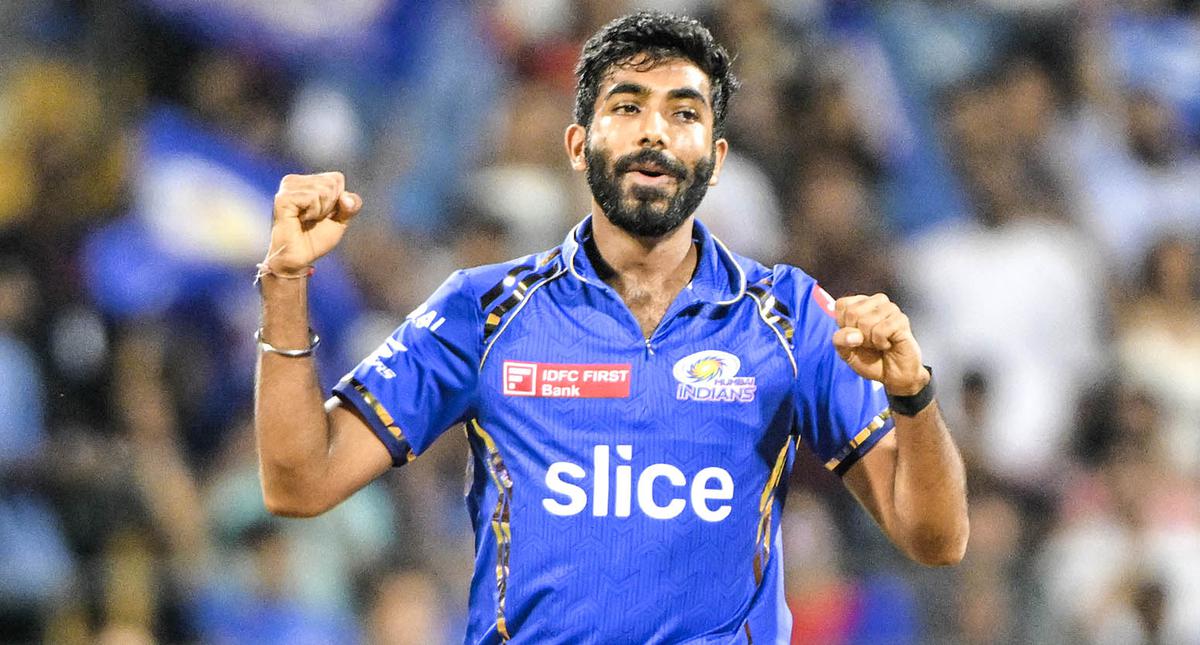 Mumbai Indians Jasprit Bumrah celebrates after taking the wicket of Mahipal Lomror during the IPL match between Mumbai Indians and Royal Challengers Bengaluru at Wankhede Stadium.