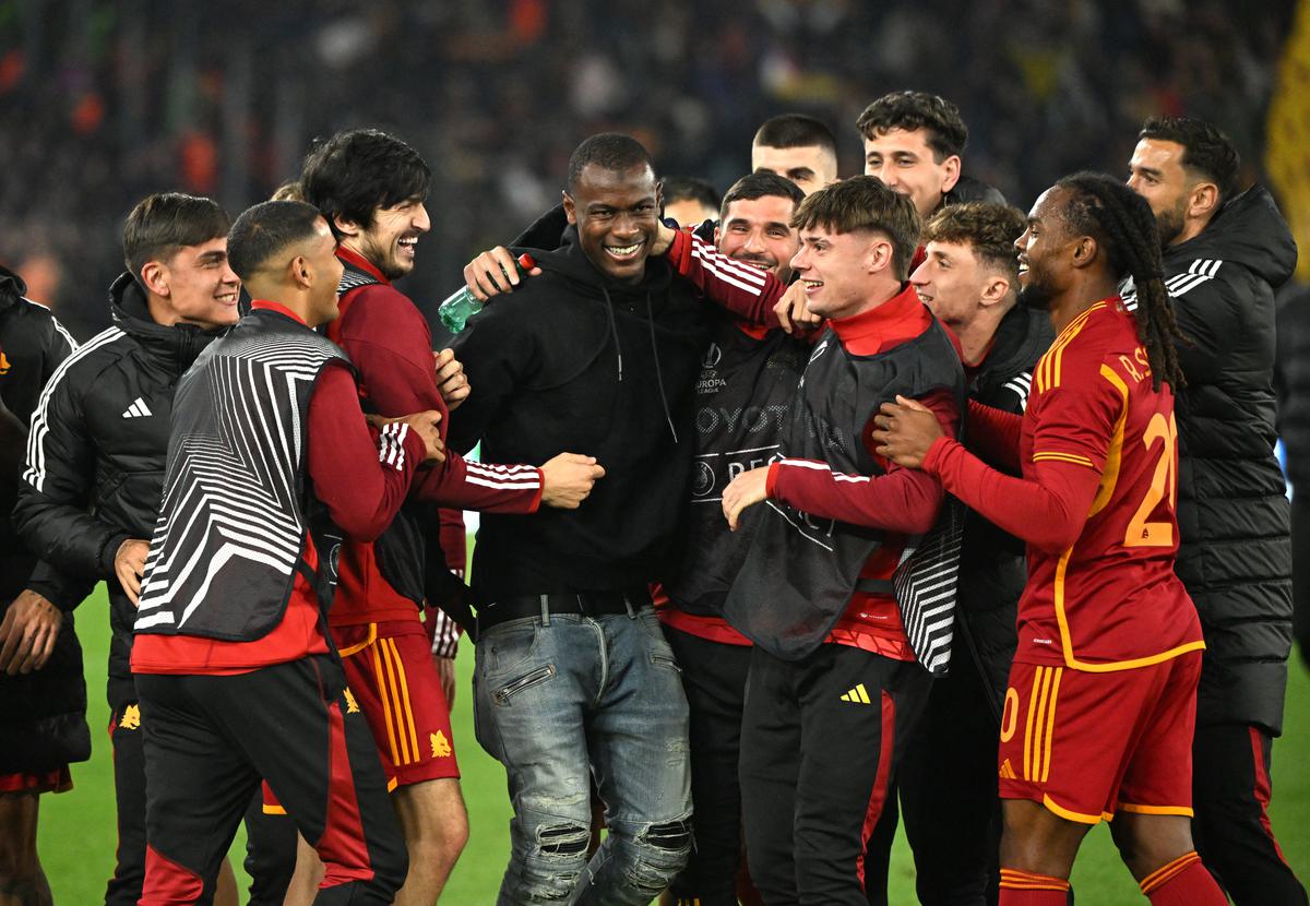 AS Roma’s Evan Ndicka with teammates after the Europa League match against AC Milan.