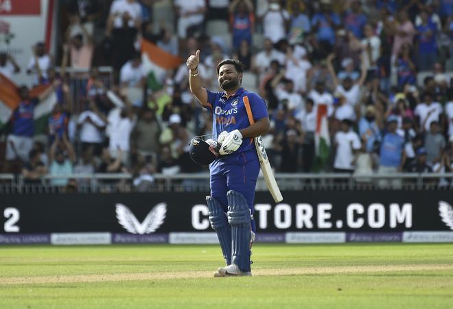 Rishabh Pant reacts after India beat England to win the ODI series at Old Trafford.
