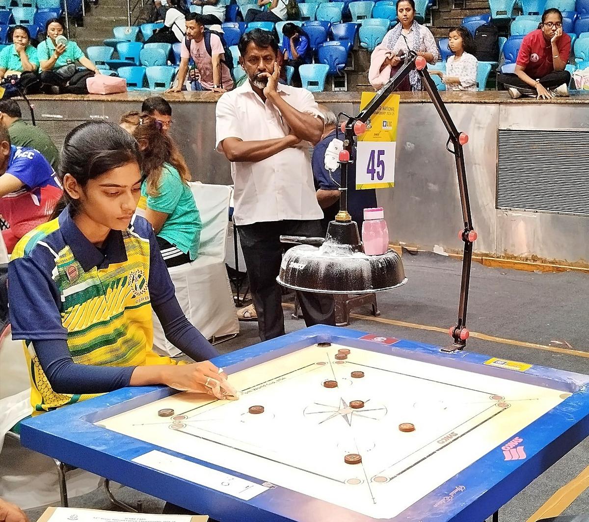 World Cup champion M Khazima in action in the National carrom championship in Delhi.