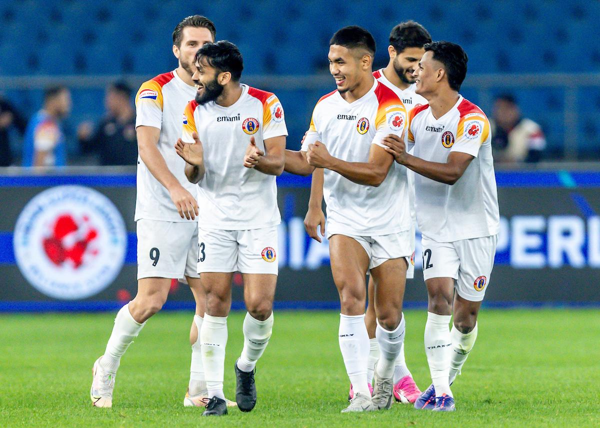 Lalchungnunga of East Bengal FC celebrates scoring the third goal against Punjab FC in their Indian Super League match at the Jawahar Lal Nehru Stadium in New Delhi.