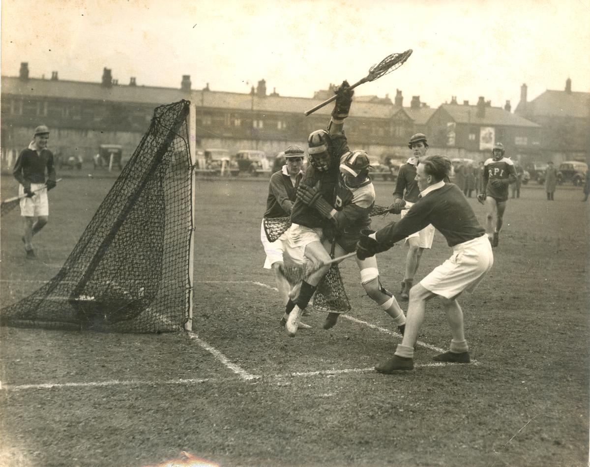 The Renaselaer lacrosse team in a demonstration match at the Olympic Games in Manchester in July, 1948.