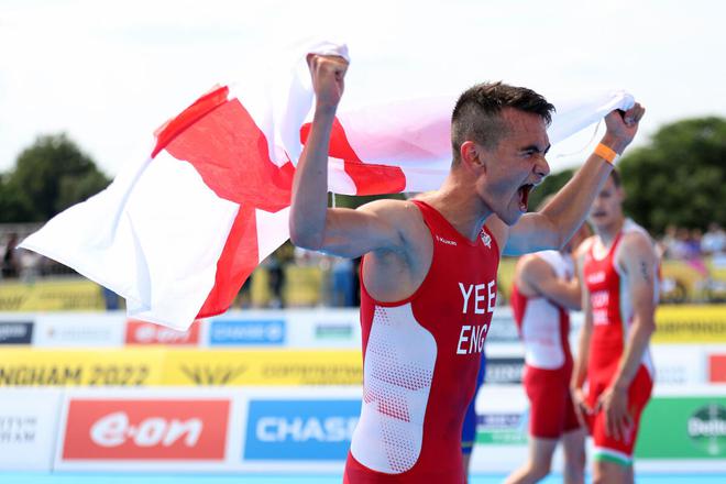 Alex Yee of Team England celebrates after winning the gold medal after the Men’s Individual Sprint Distance Triathlon Final on day one of the Birmingham 2022 Commonwealth Games at Sutton Park on Friday. 