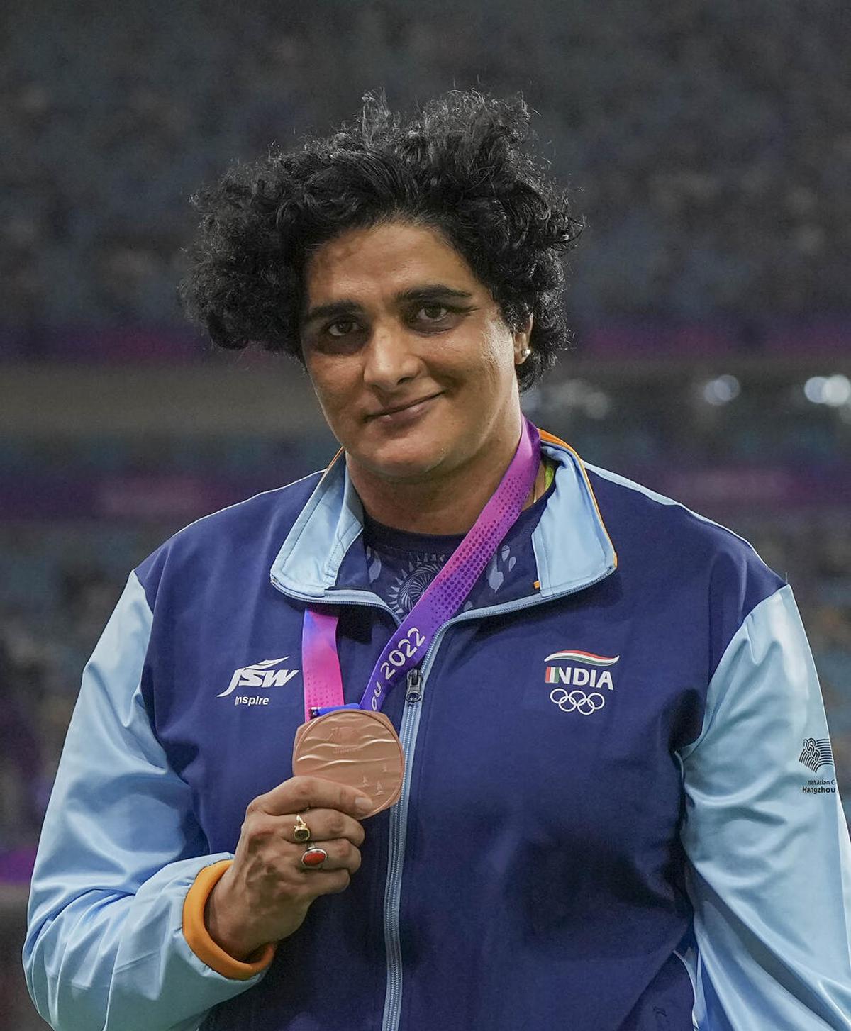 Bronze medallist India’s Seema Punia during the presentation ceremony of the women’s discus throw event at the 19th Asian Games in Hangzhou, China, Sunday, Oct. 1, 2023.