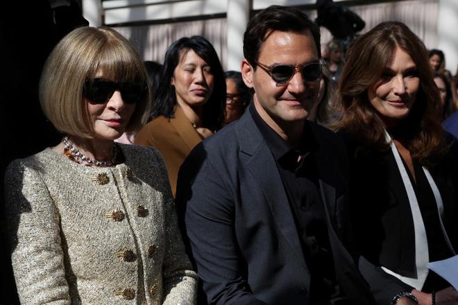 Anna Wintour, Swiss tennis player Roger Federer and French singer and model Carla Bruni are pictured during the press preview of Karl Lagerfeld “A Line of Beauty” ahead of the Met Gala Metropolitan Museum of Art in New York City, U.S., May 1, 2023