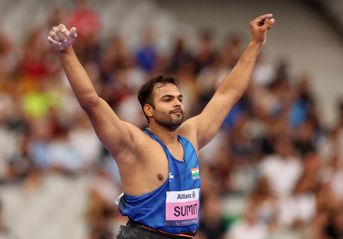 Sumit Antil reacts after a throw during the Paralympics 2024.