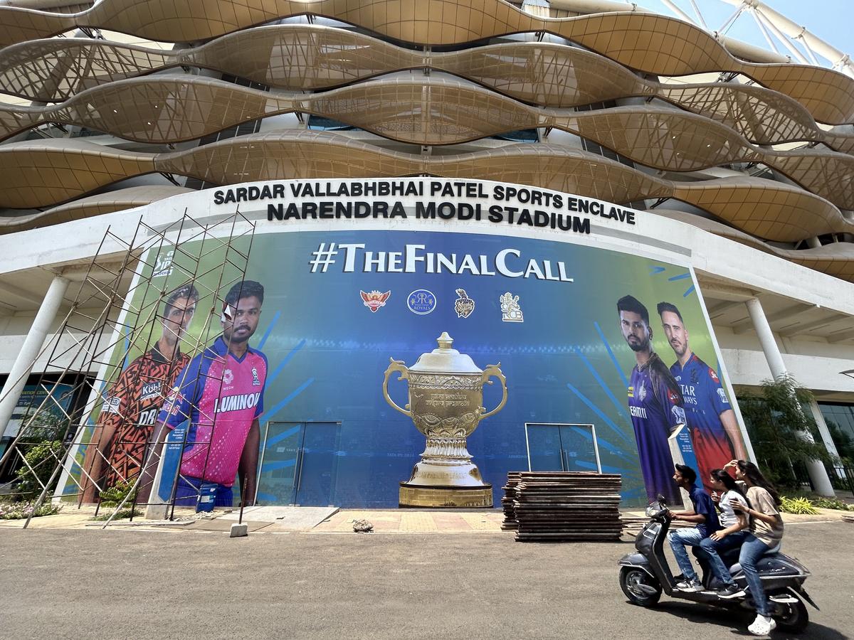 The main entrance of the Narendra Modi Stadium decorated with posters of all four Playoffs captains, ahead of The IPL 2024 Qualifier 1 between Kolkata Knight Riders and Sunrisers Hyderabad.