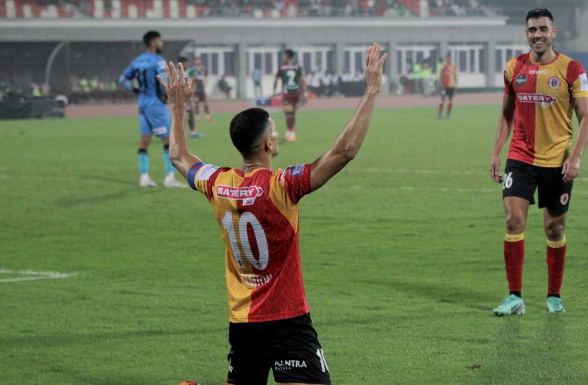 East Bengal FC captain Cleiton celebrates after scoring a goal against Mohun Bagan Super Giant in the Kalinga Super Cup 2024 matches at the Kalinga Stadium in Bhubaneswar.