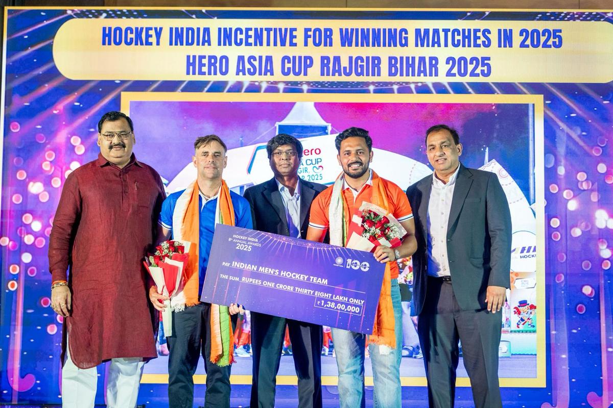 The Indian men’s hockey team was felicitated for winning the Asia Cup in Rajgir in 2025.