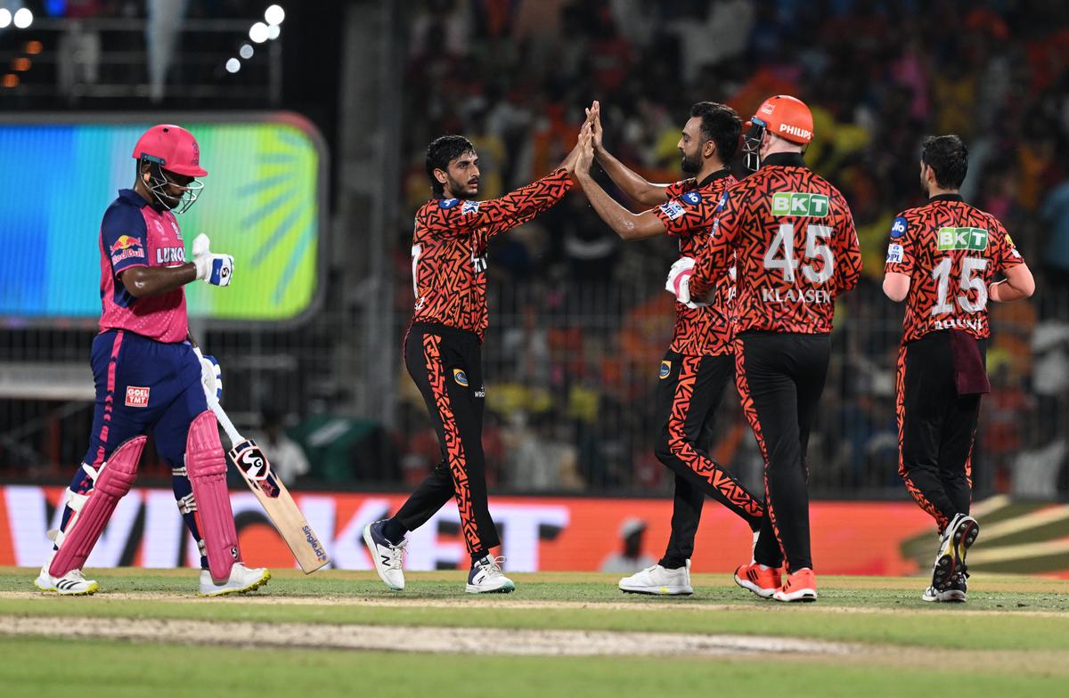 Shahbaz celebrates the wicket of Yashasvi Jaiswal in the second IPL qualifier at the M.A. Chidambaram Stadium.