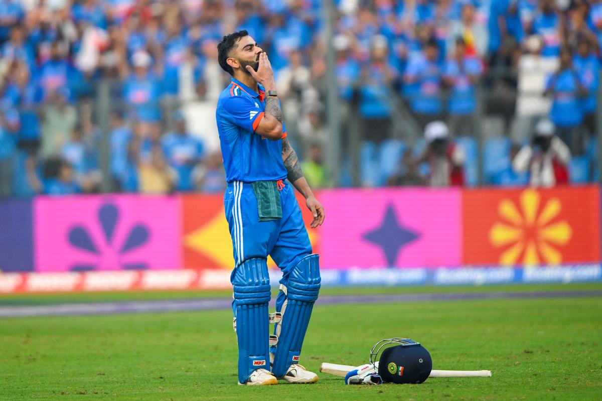 India’s Virat Kohli celebrates after scoring his 50th century during ICC Cricket World Cup 2023 Semi-Final 1 between India and New Zealand at Wankhede Stadium in Mumbai on Wednesday. 