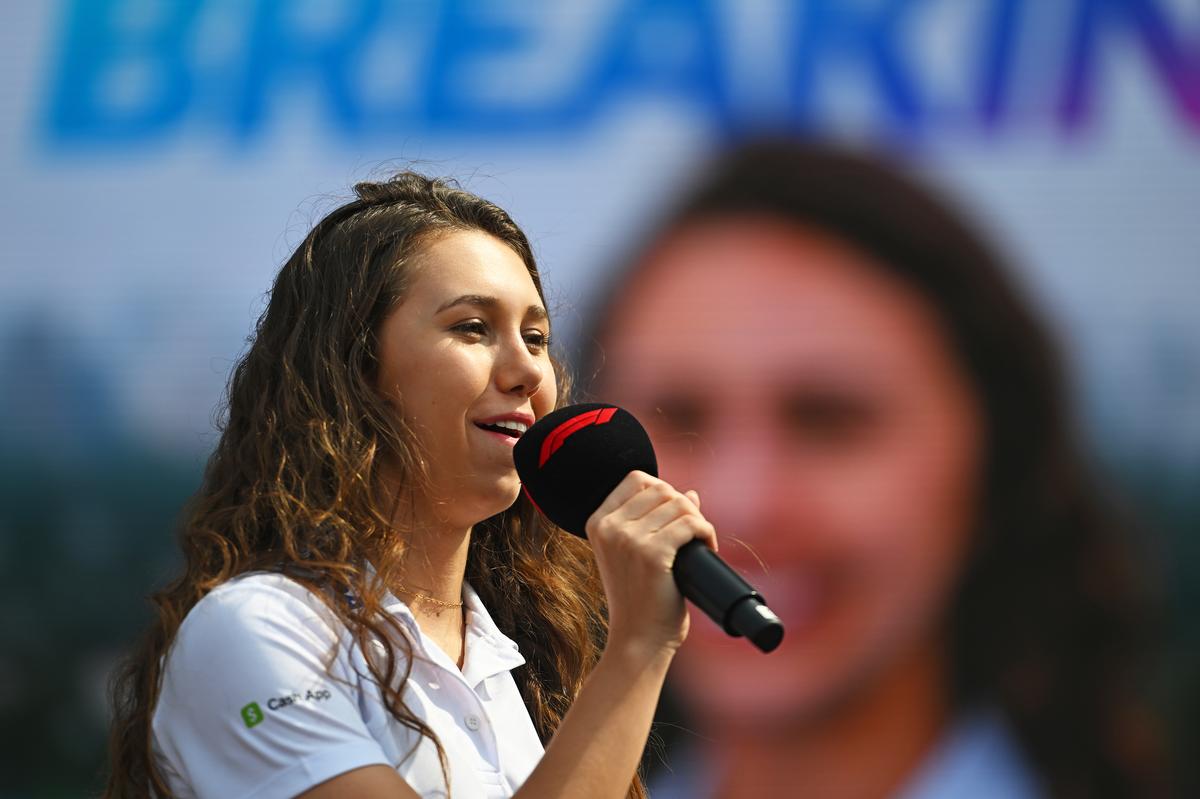 Rafaela Ferreira of Brazil, 2025 F1 Academy driver, talks to the crowd on the fan stage prior to Sprint Qualifying ahead of the F1 Grand Prix of Brazil.