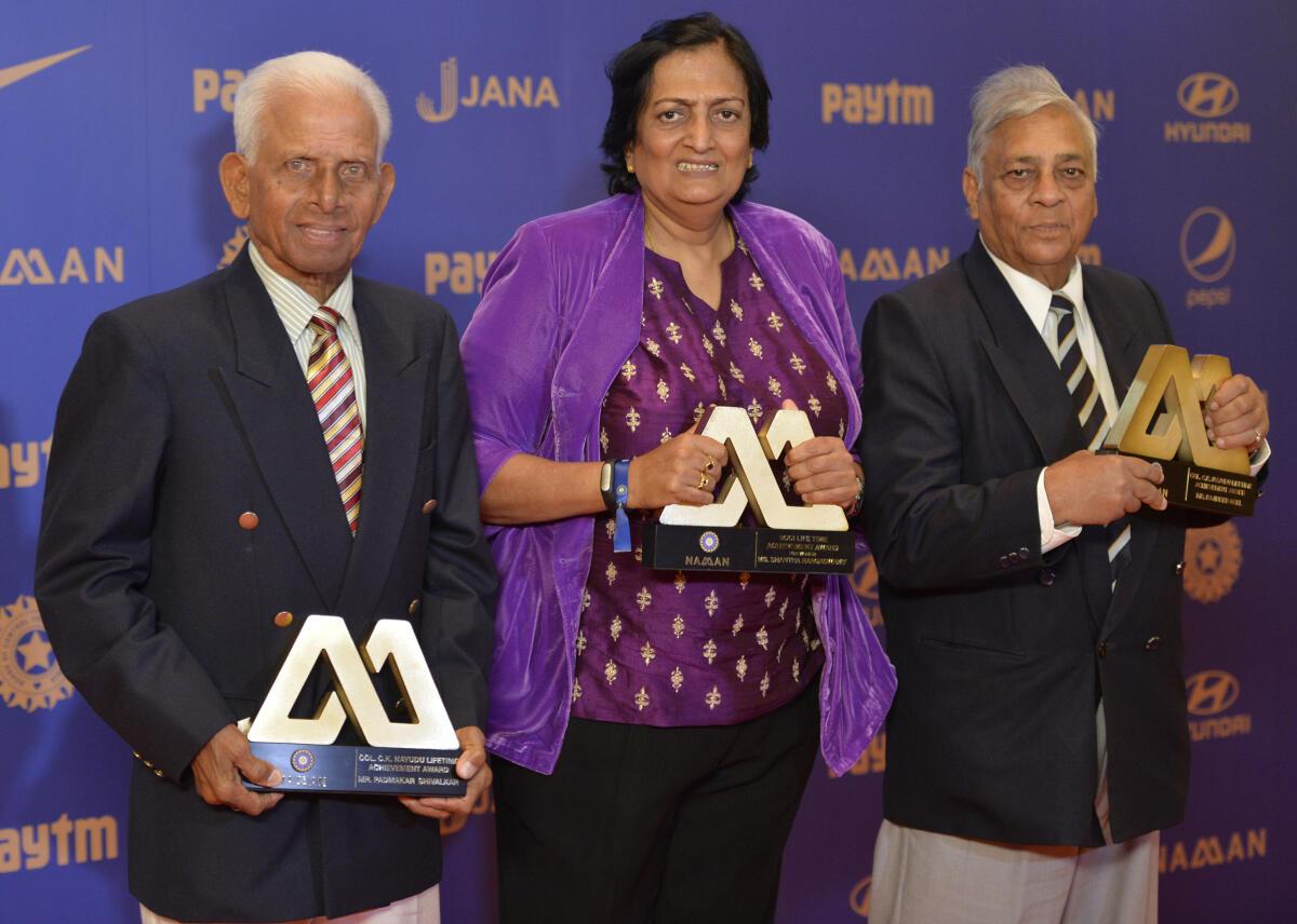 Padmakar Shivalkar, Shantha Rangaswamy and Rajinder Goel, lifetime achievement awards winners, at the annual BCCI awards function in Bengaluru on March 08, 2017.