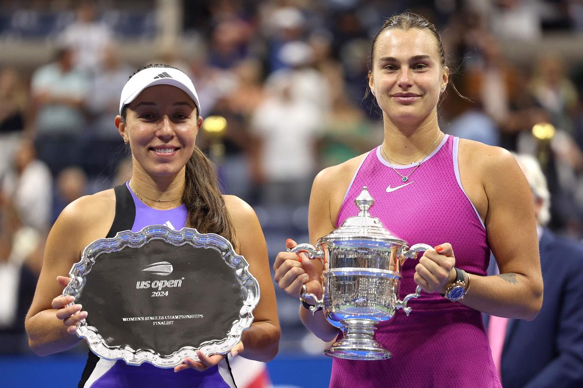 (L-R) Jessica Pegula of the United States and Aryna Sabalenka of Belarus pose for a photo with their trophies following the Women’s Singles Final at US Open 2024. Sabalenka remained second while Pegula climbed three spots to third.