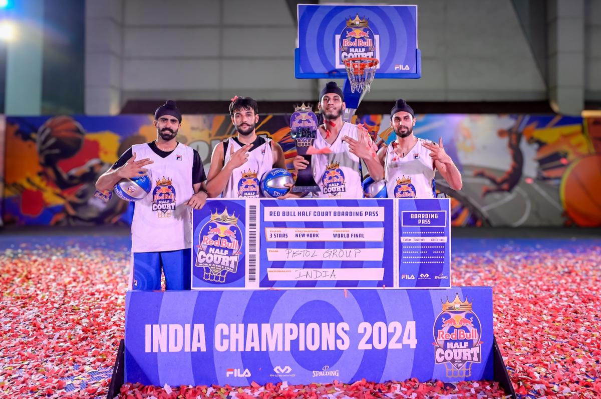 Pistol Group from Ludhiana celebrates with the winners trophy, after beating Dipu Nhang Red in the Red Bull Half Court National Finals 2024.