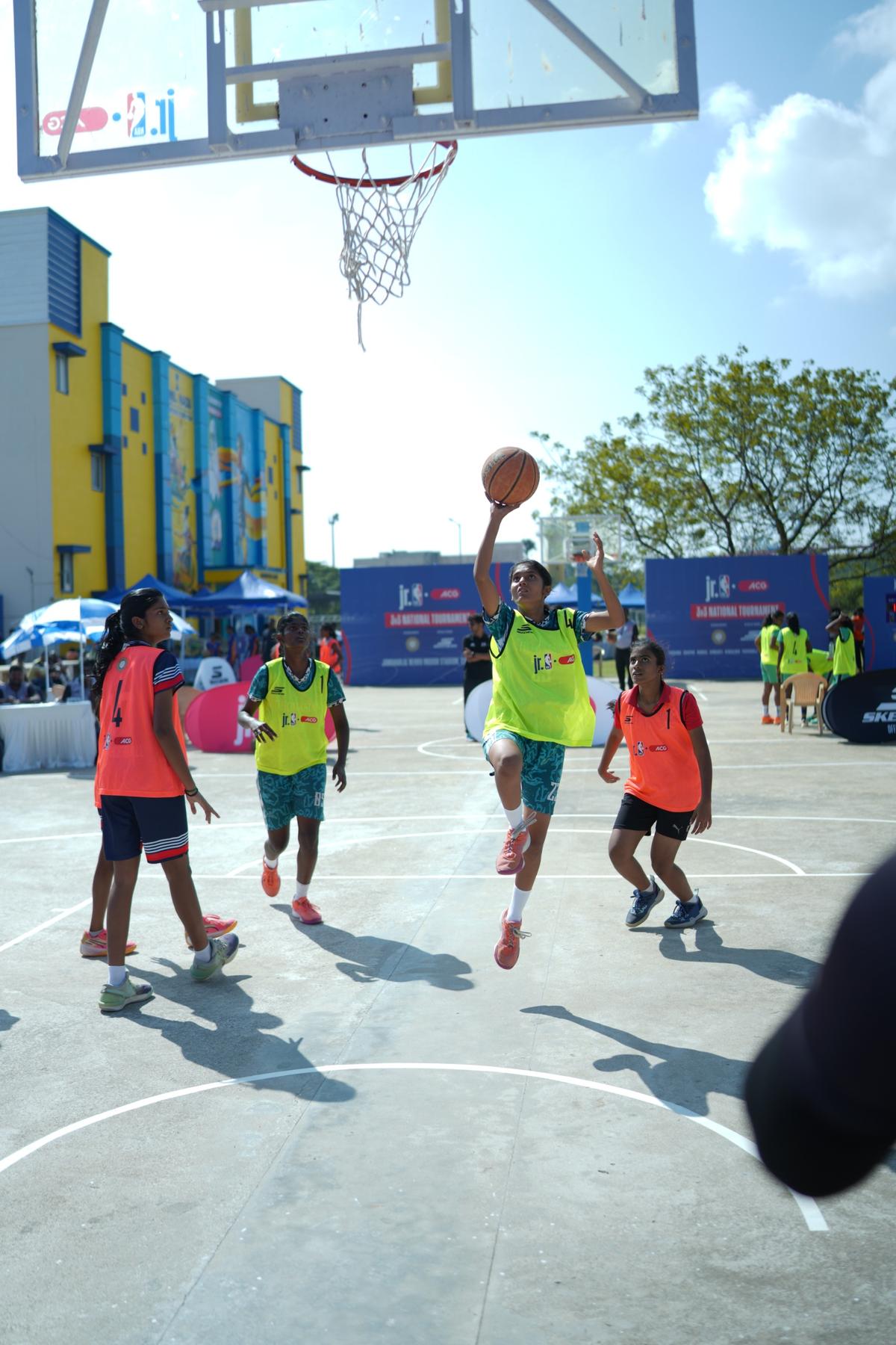 U-14 girls in action in the Chennai leg of the Jr. NBA 3v3 National Under-14 tournament.