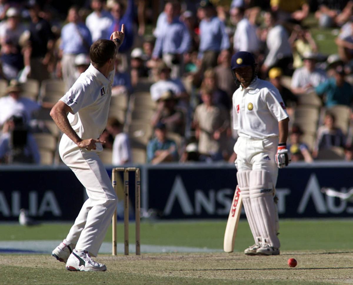 Glenn McGrath of Australia celebrates after trapping Sachin Tendulkar of India LBW after Tendulkar ducked into a bouncer, on Day Four of the first Test between Australia and India, at the Adelaide Oval.