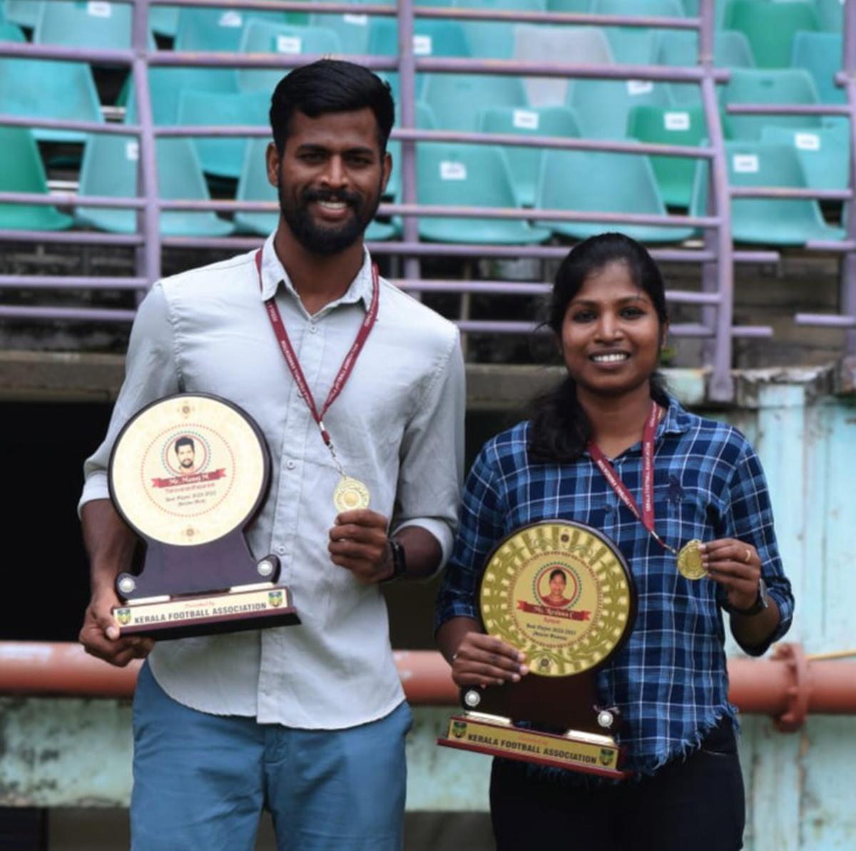 M. Manoj and C. Reshma who were named as KFA’s player of the year in the men’s and women’s sections. 