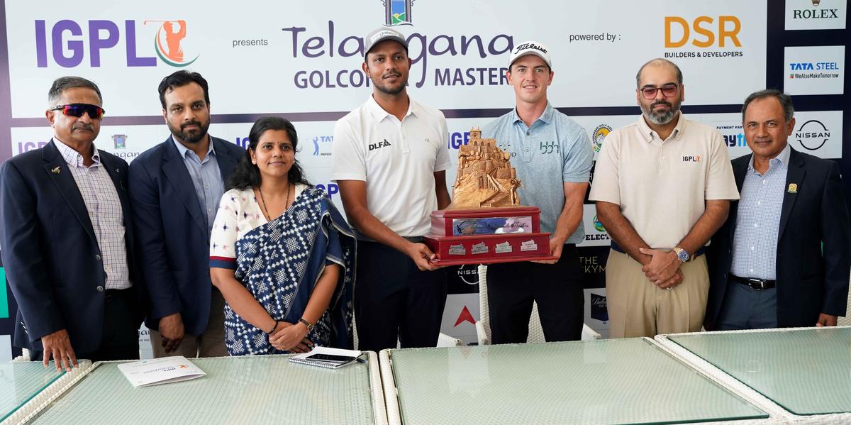 PGTI Ranking leader Veer Ahlawat (4th from left) and professional Stepan Danek (5th from left) of Czech Republic pose with the Golconda Masters Trophy along with other officials in Hyderabad on Tuesday