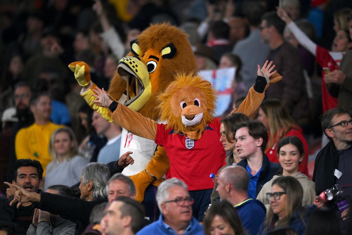 Fans wearing lions costumes are seen during the FIFA Women’s World Cup Australia & New Zealand 2023 Group D match between England and Haiti at Brisbane Stadium.