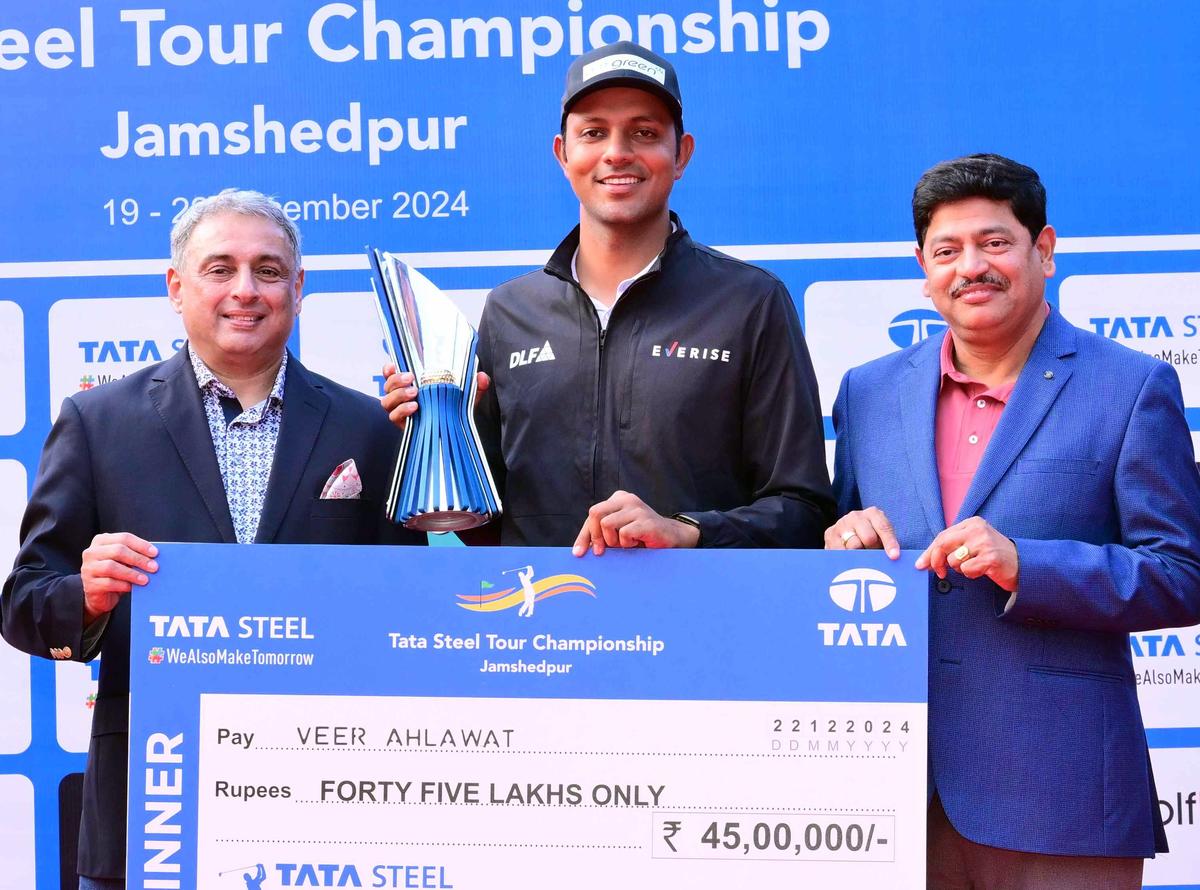 Champion Veer Ahlawat in the Tata Steel golf championship in Jamshedpur on Sunday. 