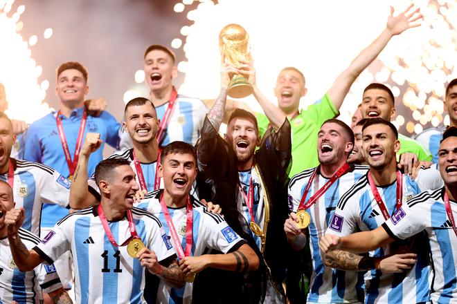 Lionel Messi of Argentina lifts the FIFA World Cup Qatar 2022 Winner’s Trophy during the FIFA World Cup Qatar 2022 Final match between Argentina and France.