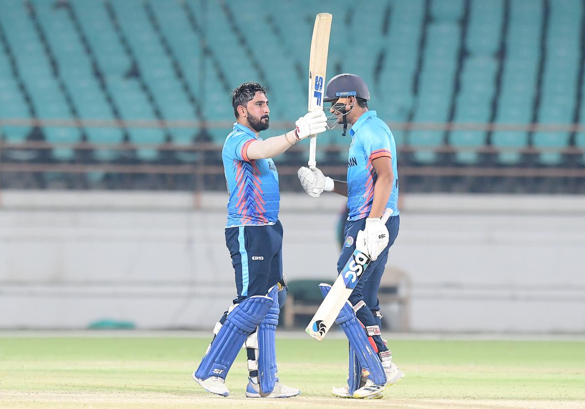 Rajasthan’s Abhijeet Tomar celebrates his century during Vijay Hazare Trophy Final. 