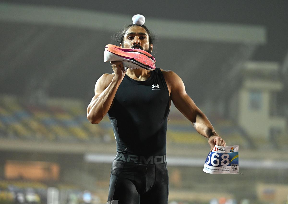 Gurindervir Singh celebrates winning the men’s 100m at the Federation Cup in Ranchi on Satuday.