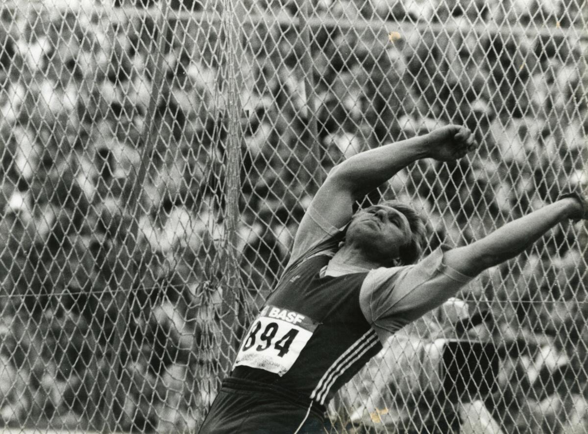 Hammer thrower Sergei Litvinov in action.