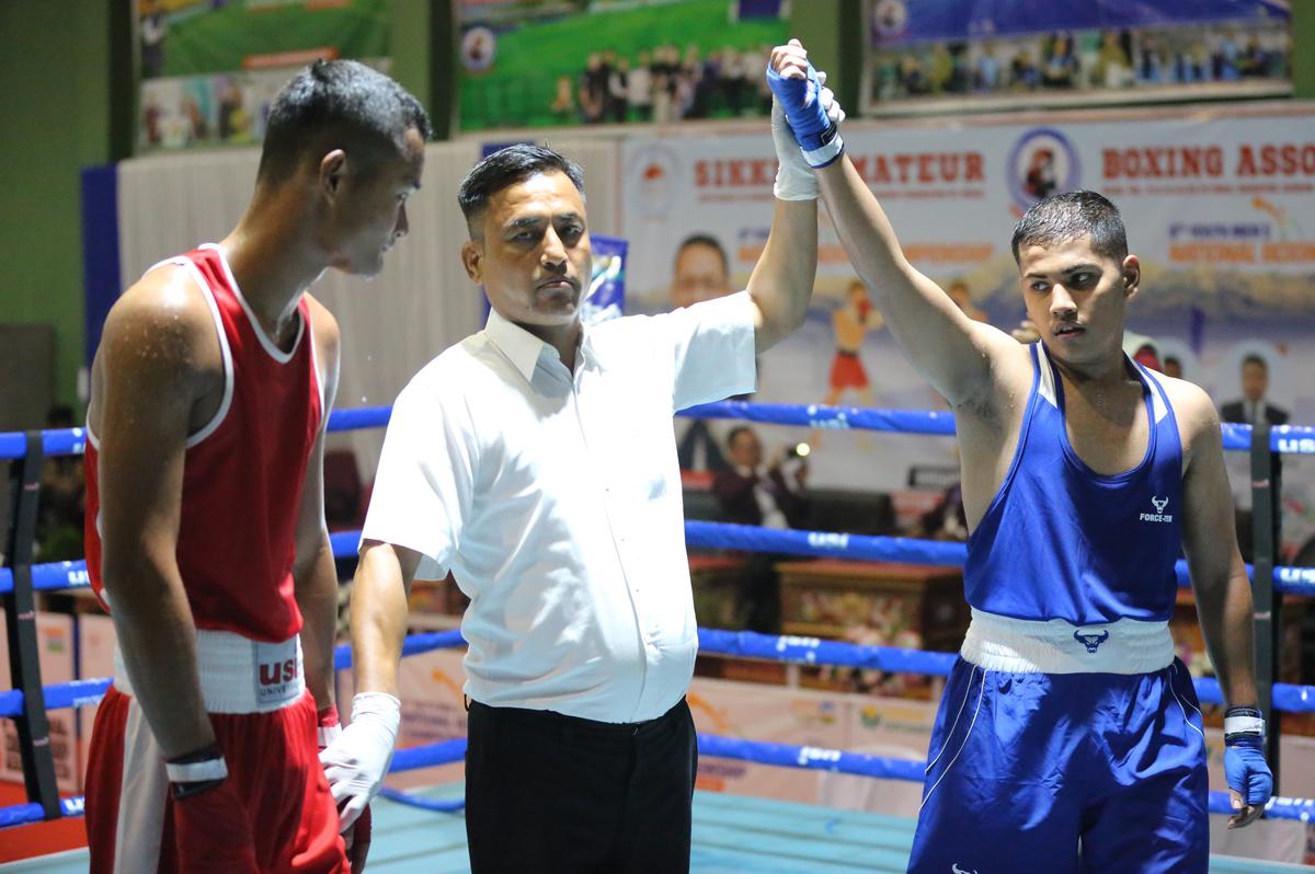 Delhi’s Aditya Bist after winning the bout at the 6th Men’s National Boxing Championship 2023. 