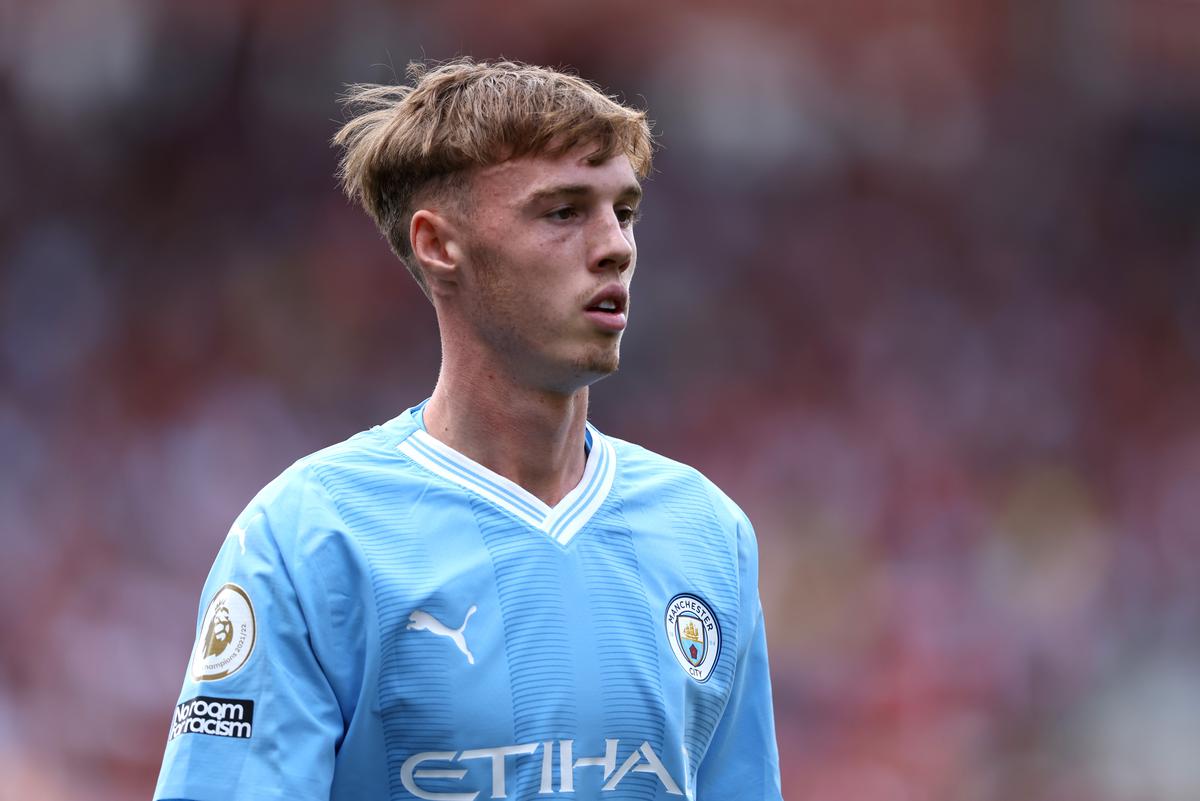 Cole Palmer of Manchester City during the Premier League match between Brentford FC and Manchester City at Gtech Community Stadium on May 28, 2023 in Brentford, England.